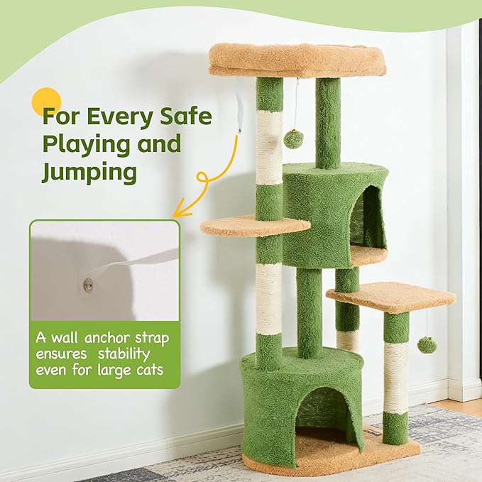 45.3-inch Multi-Level Cat Tree Tower with 3 Soft Platforms & 2 Cat Caves, Fully Wrapped Sisal Scratching Post for Indoor Cats, Dangling Toy, Green