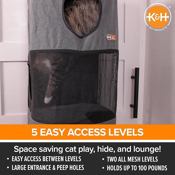 K&H Pet Products Hangin Cat Tree Condo 5 Level Door Mounted Cat Furniture, Space Saving, Mesh Levels, Peep Holes, Interconnecting Levels, Collapsible, Tool-Free Assembly - Gray - Fits Doors <80in H