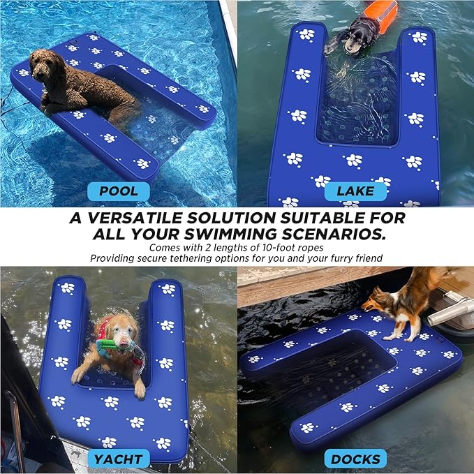 Inflatable Dock Platform, Dog Boat Ramp Floating Non-Slip Oxford and PVC with Water Ramp for Dogs Pool, Dock, Lake with Traction Rope, Manual Air Pump (4.7ft x 3ft x 6in) Blue