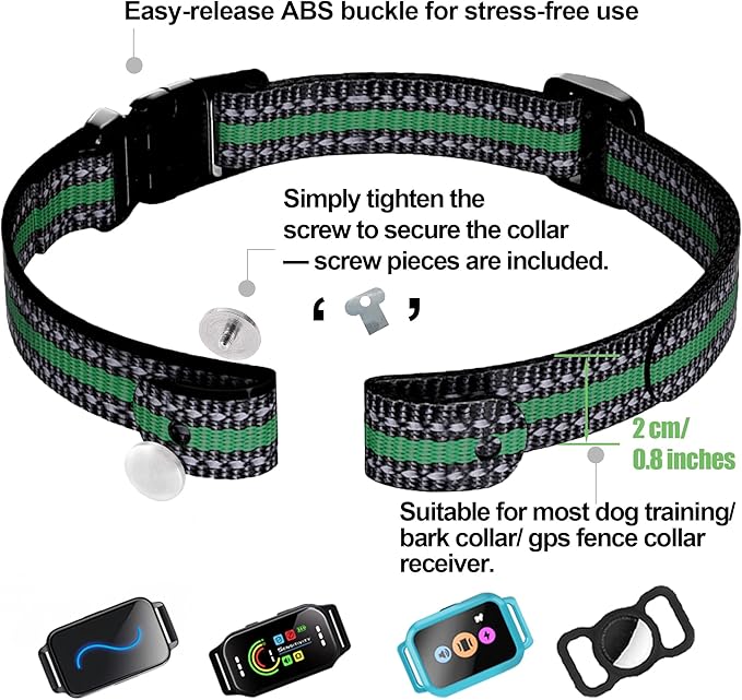 Aikko Nylon Collar Replacement Strap with Heavy-Duty Buckle, Reflective Dog Tracker Receiver Band, Durable Adjustable E Collar Systems Belt for Small Medium Large Dogs, Green