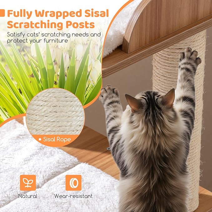 PETSITE 48-inch Wooden Cat Tree, Multi-Level Modern Cat Tower with Sisal Scratching Posts, Double-Layer Condo, Cute Top Perch, 3 Jumping Platforms with Washable Detachable Cushions