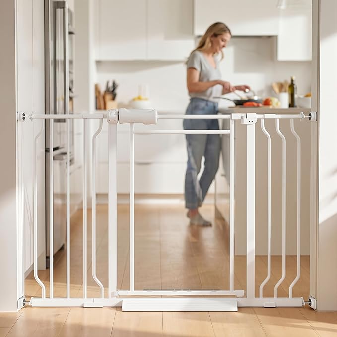 TSAYAWA Triple Lock Clear Acrylic Baby Gate 29.5"-48", Extra Wide Auto Close Dog Gate for Doorways, Pressure Mount Indoor Child Safety Barrier for Toddlers and Pets, White