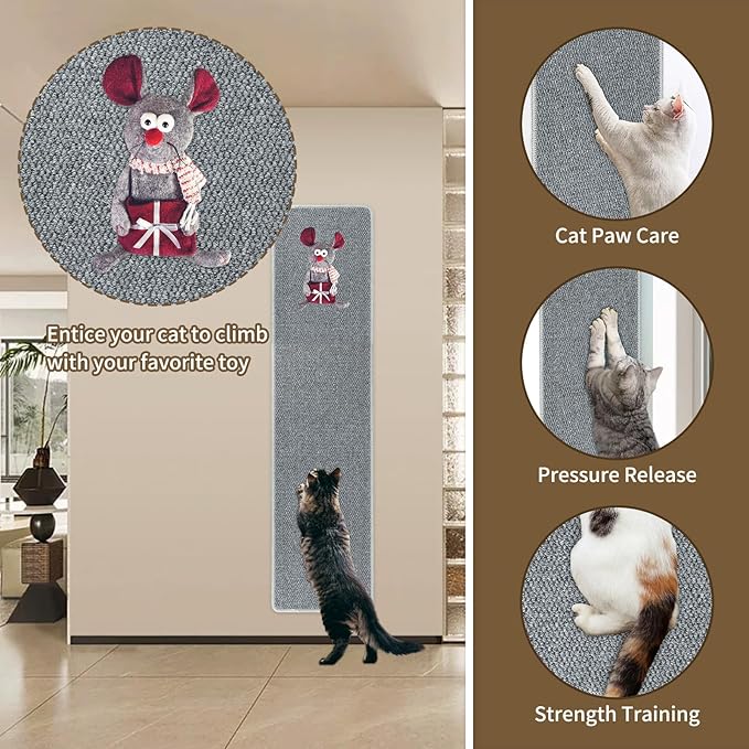 FHTONGE 71x15.8 Thickened Cat Wall Climbing Carpet with 16 Fixed Nails, Extra Large Tall Cat Scratch Pad for Wall, Wall Mounted Climbing Cat Scratcher for Furniture Couch Sofa Protector(Grey)