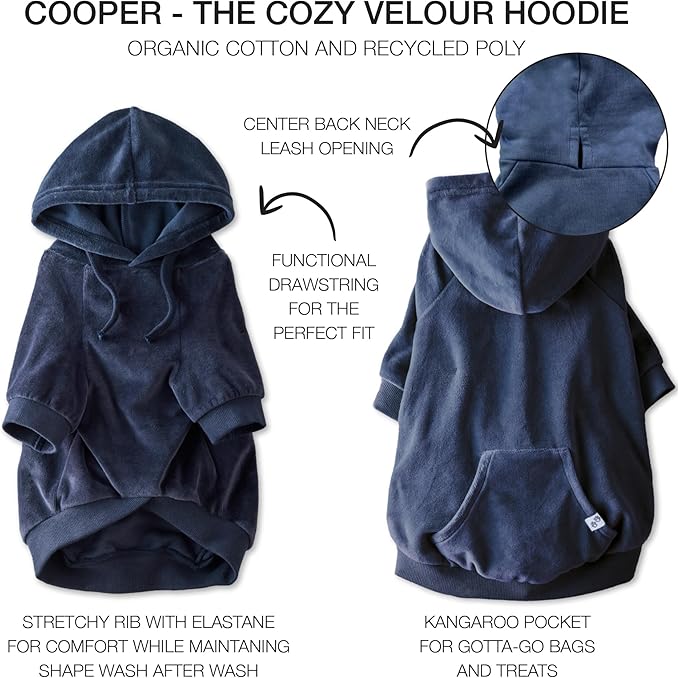 Cooper II Organic Cotton Velour Dog Hoodie Pet Coat for Small, Medium and Large Dogs, Navy, Medium