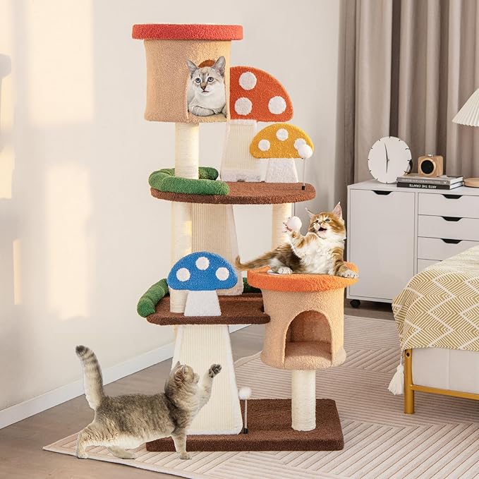 Nightcore Mushroom Small Cat Tree, 57.5" Multi-Level Cat Tower w/Natural Sisal Scratching Posts & Boards, Cat Tree w/Interactive Balls & 2 Cozy Cat Condos for Indoor Cats Large Adult