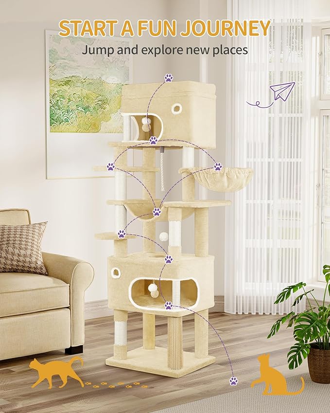 70.1 Inch Cat Tree for Indoor Cats, Multi-Layer Scratching Post with Large Platform, 2 Caves, 7 Sisal Posts, Pompoms, Cat Basket, Hammock, Suitable for Cats, Beige MS17818YL