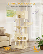 70.1 Inch Cat Tree for Indoor Cats, Multi-Layer Scratching Post with Large Platform, 2 Caves, 7 Sisal Posts, Pompoms, Cat Basket, Hammock, Suitable for Cats, Beige MS17818YL