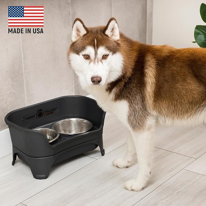 Neater Feeder Express Mess Proof Dog Bowls Elevated for Medium and Large Breed – Made in USA – No Spill Raised Slow Feeder Elevated Dog Bowl Stand, Slow Feed Food and Water Bowl Set, Black