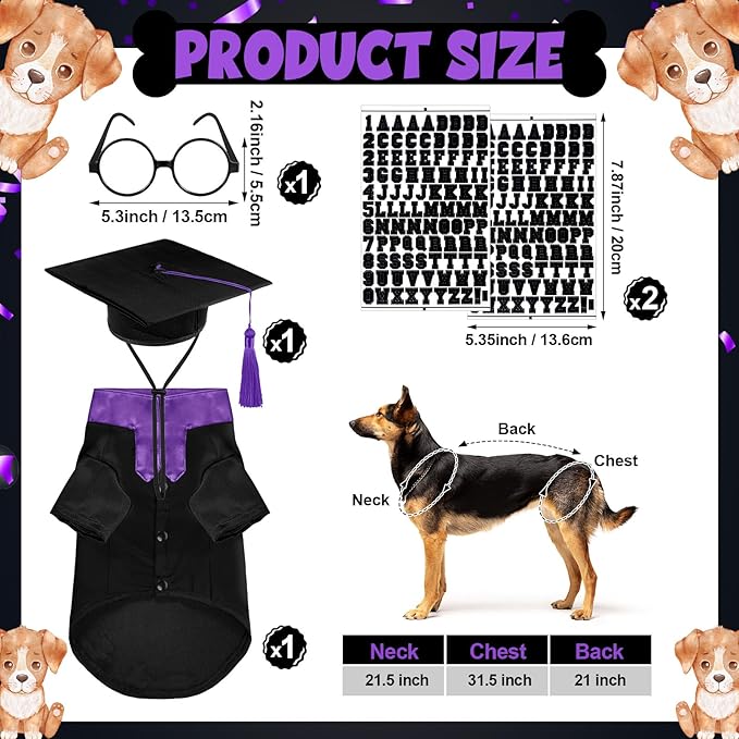 5 Pcs Dog Graduation Costume Set Include 2026 Pet Graduation Gown with Stole Puppy Grad Cap Lensless Glasses DIY Letter Stickers for Dogs Cats Holiday Costume Accessory(Black Purple,XL)