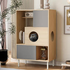 2-in-1 Modern Cat Tree Tower for Large Cats,Wooden Cat Tower with Litter Box Enclosure and Bookshelf/Storage Cabinet/Hidden Bed for Living Room Or Bedroom (Natural, 35.4") (Natural+Grey, 27.6)