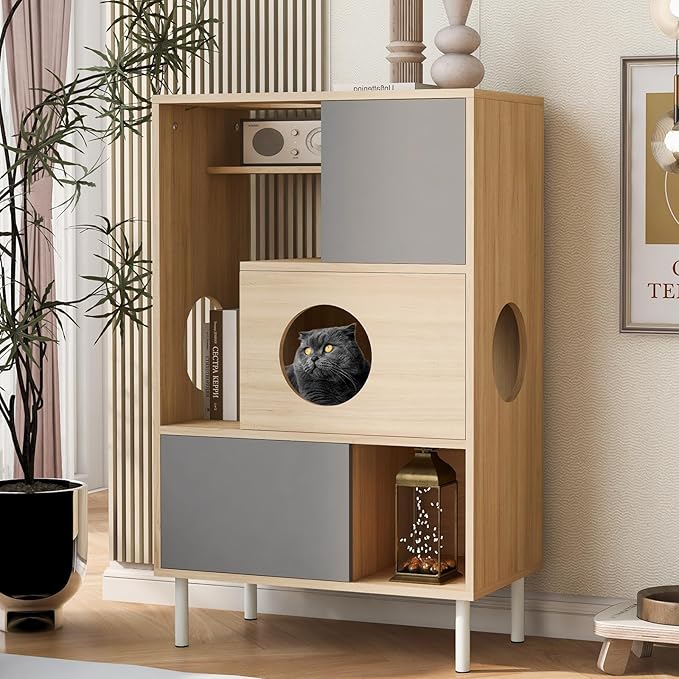 2-in-1 Modern Cat Tree Tower for Large Cats,Wooden Cat Tower with Litter Box Enclosure and Bookshelf/Storage Cabinet/Hidden Bed for Living Room Or Bedroom (Natural, 35.4") (Natural+Grey, 27.6)