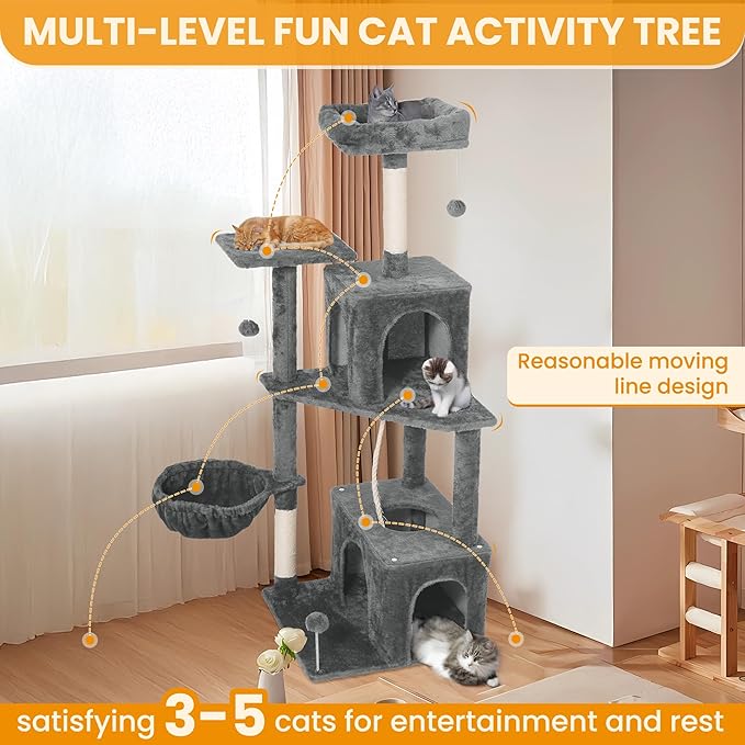 Cat Tree, 54-Inch Cat Tower for Indoor Cats,Plush Multi-Level Cat Condo with Scratching Posts, Basket, Perches,2 Caves,2 Pompoms(Gray)