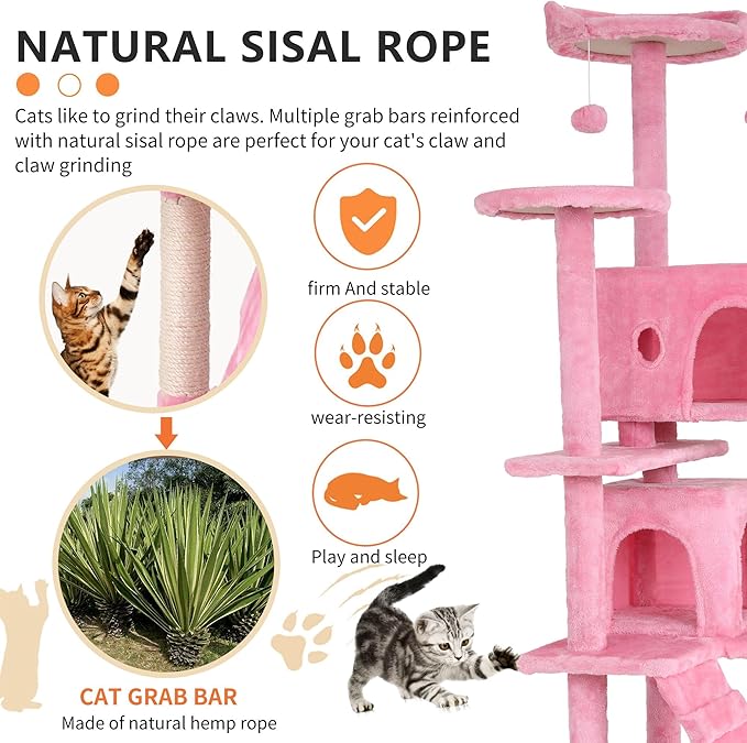 Heavy Duty Cat Tree, 70 Inch Tall Tower With 3 Top Perches Platforms & 2 Cozy Condos, Climbing Tower With Ladders & Sisal Pole, Scratching Tree for Large Cats Play House, Pink