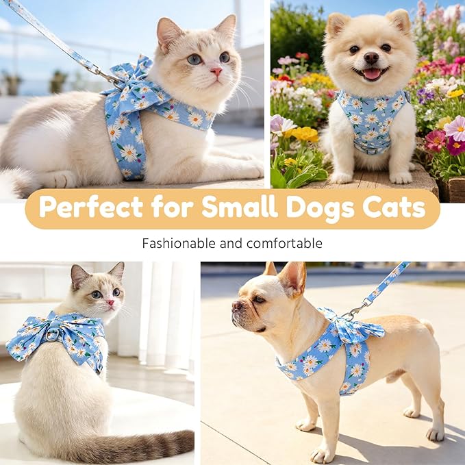 BAEJMJK Dog Harness and Leash Set with Bow Knot No Pull Pet Daisy Floral Harness with D-Ring Soft Mesh Dog Harness Vest Set Escape Proof Princess Puppy Harness for Small Girl Dogs Cats（Blue B S）