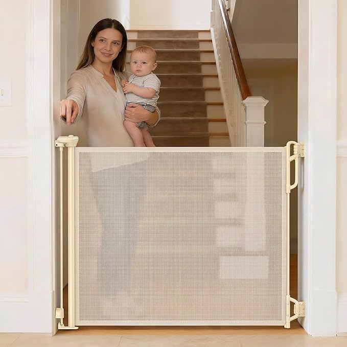 Retractable Safety Baby Gate or Mesh Dog Gate,Durable Portable Mesh Retractable Gate,Easy to Use for Stairs, Doorways, Hallways, Indoor, Outdoor, 33.5" Tall, Up to 55" Wide, Cream