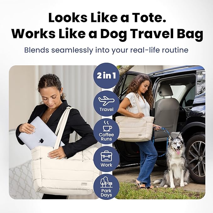 rubyloo Puffer Dog Travel Bag for Dog Moms – Doggy Diaper Bag with Pet Bowls & Food Storage or Everyday Puffy Tote – Doggy Mom Gifts for Women – Lightweight, Travel-Ready Gift for Pet Lovers – Beige