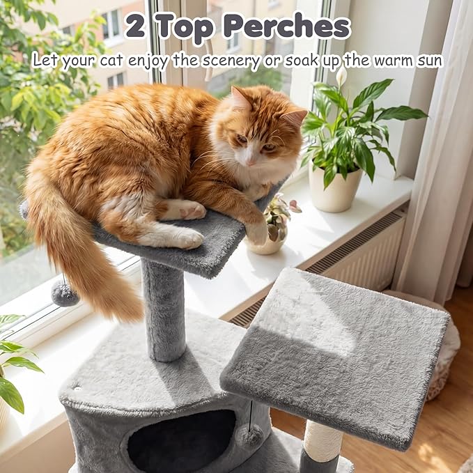 Tangkula Corner Cat Tree, Multi-Level Cat Tower with Top Perches & Cozy Condo, Natural Sisal Scratching Posts & Climbing Ladder, Playful Cat Hole & Hanging Balls, Climbing Play Center (Light Gray)