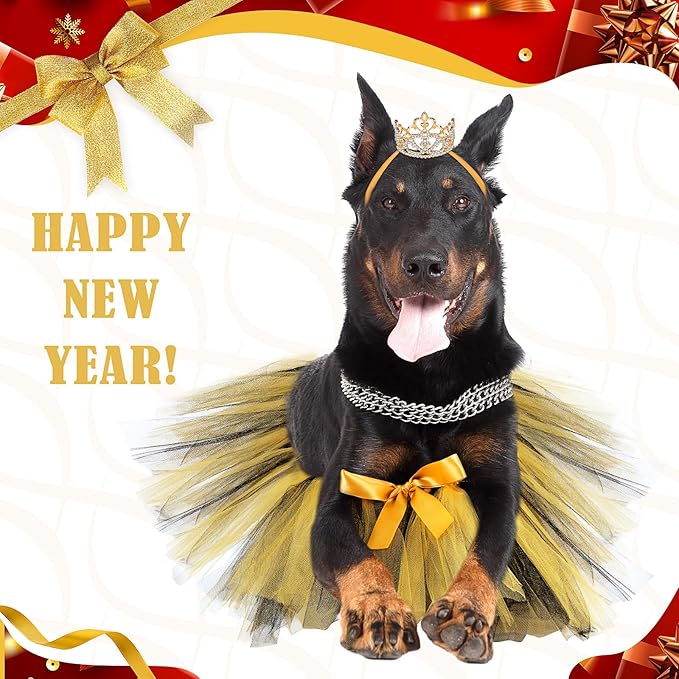 2 Pcs Dog Crown Headband Dog Tutu Dress Set Crystal Rhinestone Tiara Crown Tutu Skirt Pet Dress Costume for Puppy Birthday Party Wedding Photo Prop Costume