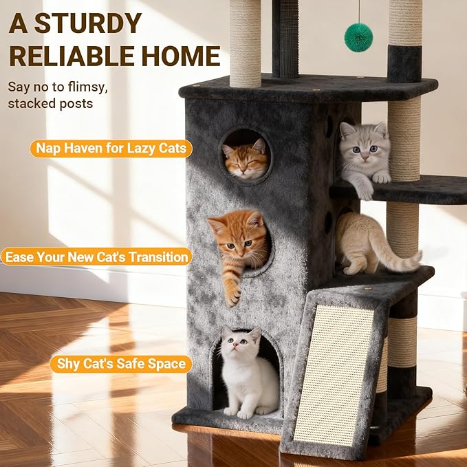 【Tank-Sturdy Tower】 PetDance Heavy Duty Cat Tree for Cats Fits Kittens to XL Maine Coons, Cat Tower with Scratching Posts, Cat Climber with 3 Spacious Hideaway, Dark Gray
