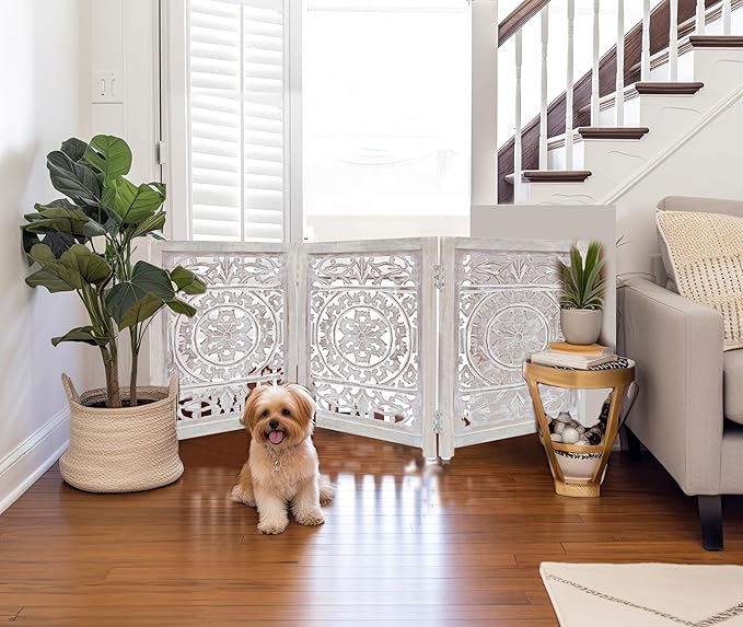 Wooden Foldable Pet Dog Safety Gate - 3 Panel 20" W x 24" H - Hand Carved Suzani Free Standing Portable Indoor Puppy Gate - Doorway Hall Stairs Dog Fence - Assembled - White Wash - IRONGATE