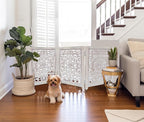 Wooden Foldable Pet Dog Safety Gate - 3 Panel 20" W x 24" H - Hand Carved Suzani Free Standing Portable Indoor Puppy Gate - Doorway Hall Stairs Dog Fence - Assembled - White Wash - IRONGATE