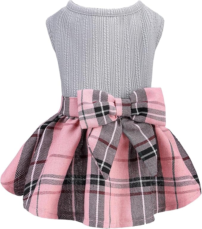 PUPTECK Classic Plaid Dog Dress Pet Apparel with Cute Bowtie Puppy Clothes Outfit,Grey,L