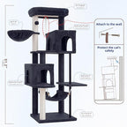 51.2'' Cat Tree Tower, Cat Tower with Scratching Post, Sturdy Steel Pube Cat Tree for Inoor Cats Large Adult, Cat Hammock and Basket, Padding Top Platform, Drak Gray GCT014G