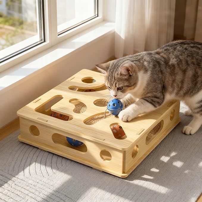Cat Scratch Puzzle Enrichment Box, Nail File Stress Free Alternative to Clippers and Grinders, with 6 Bell Balls and Cats Funny Stick, Cat Nail File Enrichment Box for Cats (Beige)