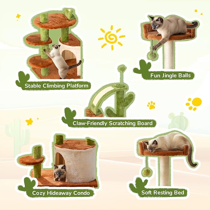 Cactus Cat Tree for Indoor Cats, 36.6" Small Cat Tower with Sisal Scratching Posts, Stable Cat Condo with Perches and Climbing Steps, Brown