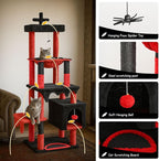 BYBYME Gothic Cat Tree for Halloween, 66in Tall Sturdy Furniture Set with Bed House, Hanging Toy, Scratching Board Sisal-Covered Posts, Multifunctional Cat Play Tower with Hammock（Black Red）
