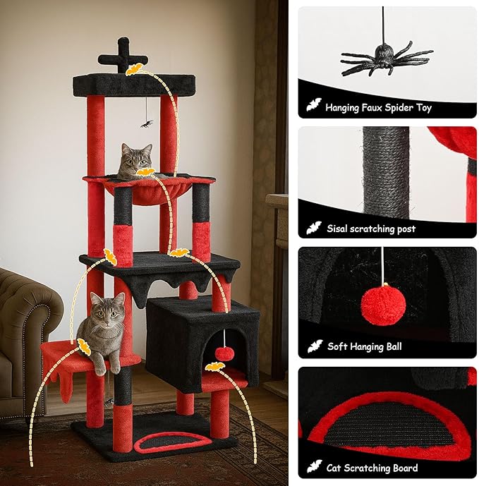 BYBYME Gothic Cat Tree for Halloween, 66in Tall Sturdy Furniture Set with Bed House, Hanging Toy, Scratching Board Sisal-Covered Posts, Multifunctional Cat Play Tower with Hammock（Black Red）
