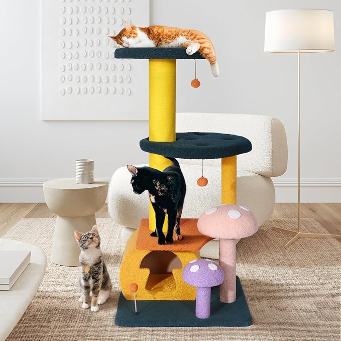 NUNU LAB Mushroom Cat Tree, Multi-Level Cat Tower, Mushroom Cat Scratching Post, Cute Cat Tower, with Cat Scratching Post, Cat Bed & Interactive Balls, for Indoor Cats (D-068, 26.8 * 22.8 * 53.4)