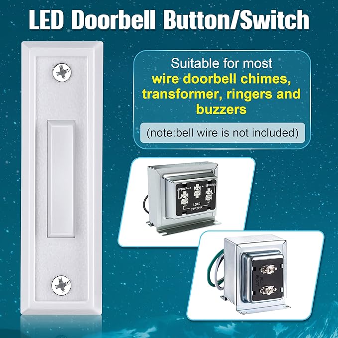 Saillong 1 Piece Lighted Doorbell Button, Wall Mounted Garage Door Opener Switch with LED Light Compatible with Most Wire Doorbell Chimes, Transformer, Ringer, Buzzers (White,White Light)