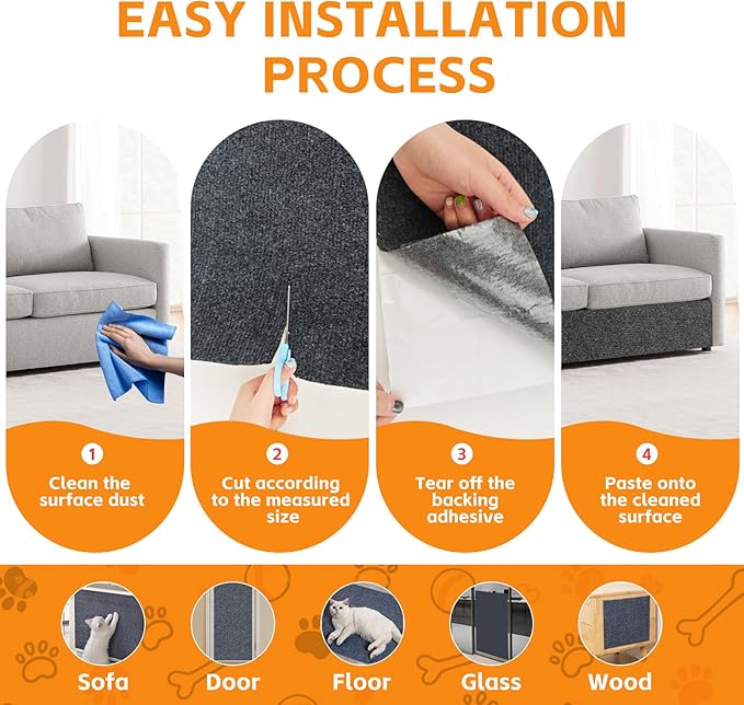 100"x16" Cat Scratch Protector Cat Anti Scratch Furniture Mat Carpet Trimmable Self-Adhesive Pad Strong Viscose Couch Protector Dark Grey