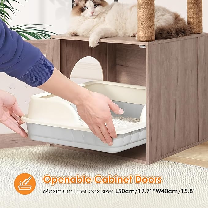 Modern Cat Tree Condo Tower Cat House Washroom Furniture Litter Box Enclosure with Scratching Posts, Feeding Bowl & Cat Teaser Ball, White+Gray (21.70" Lx16.90 Wx47.20 H)