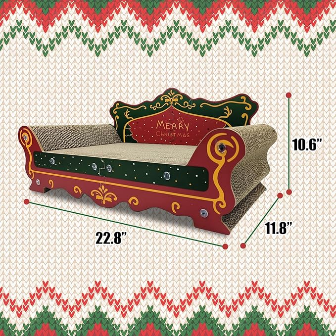 Luxury Cardboard Cat Scratcher Sofa Bed, Couch Shaped Scratching Board, Scratch Lounge with Catnip, Scratcher for Indoor Cats Large (Red)