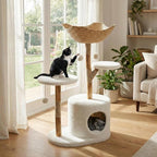 Natural Modern Cat Tree Tower, 42" Tall Solid Wood Cat Condo with Cozy Baskets, Scratching Posts, Flower Platforms & Dangling Ball, Luxury Aesthetic Cat Furniture for Small & Large Indoor Cats (White)