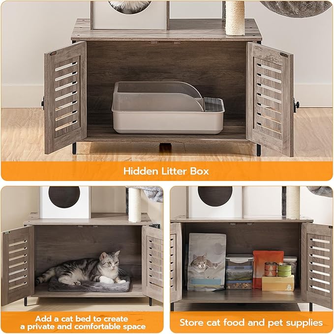 HOOBRO Cat Tree with Litter Box Enclosure, 27.6" L x 18.9" W x 52" H, All-in-One Wooden Cat Tower, Cat Furniture for Indoor Cats, Cat Condo with Hammock, Detachable Teaser Sticks, Greige BG14MZ03
