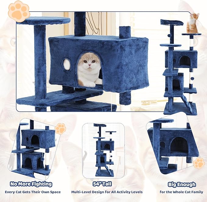 Cat Trees Towers for Large Cats, Cat Houses & Condos with Scratching Posts, Cat Bed Cave, Climbing Ladder, Pompoms, 54", Navy Blue