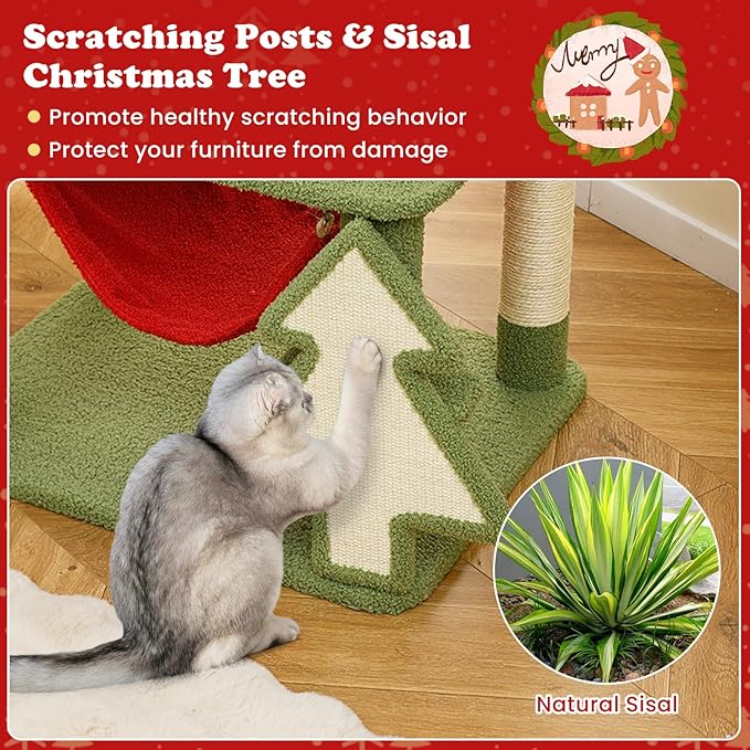 Tangkula Christmas Cat Tree, 52” Tall Cat Tower with Sisal Scratching Posts & Xmas Tree, Plush Perch, Gift Box Shaped Condo, Hanging Toys, Basket Bed, Hammock, Cute Cat Tree Tower Holiday Decoration