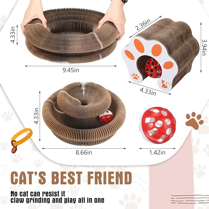 Soulchen 4 Pcs Magic Organ Cat Scratching Board, Combinable Cats Toy for Adult Pets, Interactive Cardboard Kitten Scratcher with Bell Ball, Durable Foldable Accordion Scratch Pad (Cat Paw)