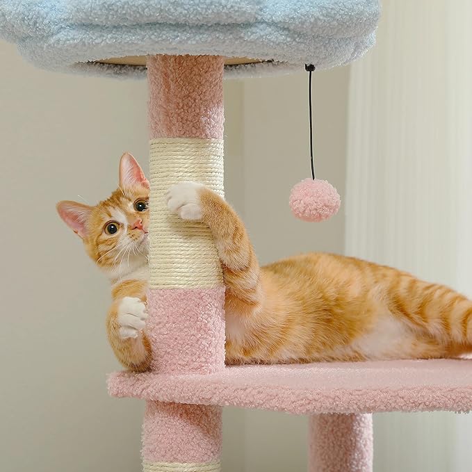47.3" Flower Cat Tree, Multi-Level Cat Tower with Sisal Covered Scratching Posts Cute Cat Condo for Indoor Small Medium Cats Top Perch (Blue)