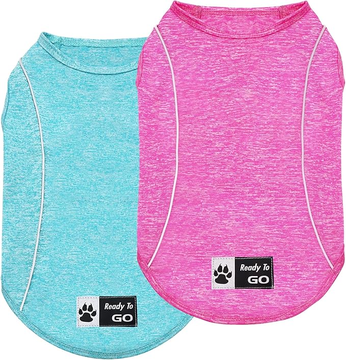 KYEESE 2Pack Reflective Dog Shirt, Lightweight Sun Protection Dog T Shirts for Small Dogs, Breathable Sleeveless Pet Tank Top Summer Dogs Clothes for Night Walking Outdoor, Lake Blue+Rose Red, L