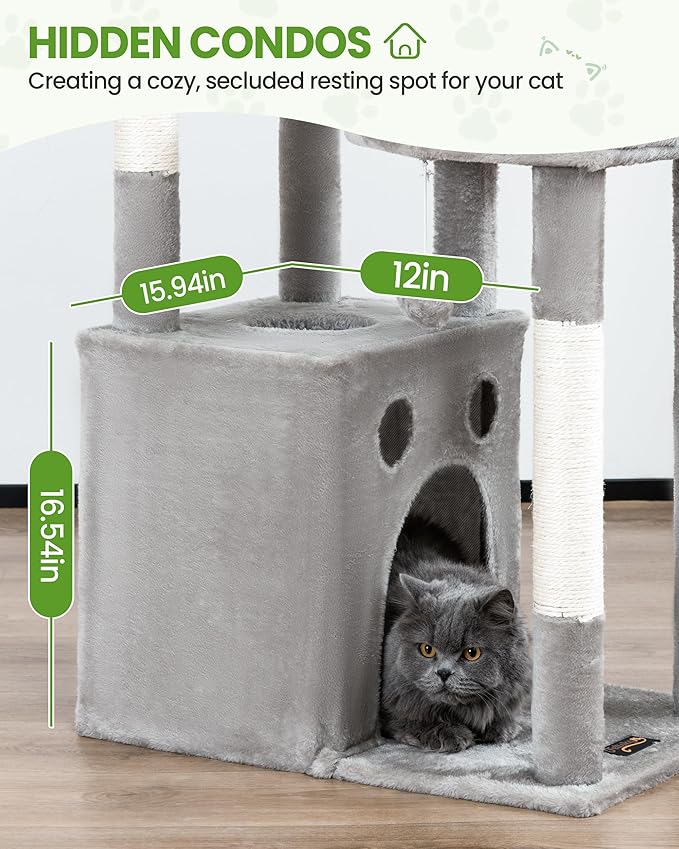 Cat Tree Tower for Indoor Cats, 67 inch Multi-Level Tall Climbing Tower with 3 Large Platform, Scratching Post, Hammock, Kitty Condo for Multiple Cats, Modern Cat Tree Furniture Heavy Duty, Light Grey