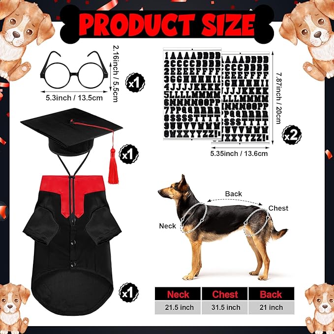 5 Pcs Dog Graduation Costume Set Include 2026 Pet Graduation Gown with Stole Puppy Grad Cap Lensless Glasses DIY Letter Stickers for Dogs Cats Holiday Costume Accessory(Black Red,XL)