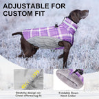 BEAUTYZOO Dog Winter Coat with Harness Built in, Reflective Plaid Puffer Vest Waterproof for Large Dogs, Fleece Warm Puppy Zipped Jacket with D Ring, Pet Cold Weather Sweater Clothes, Purple L