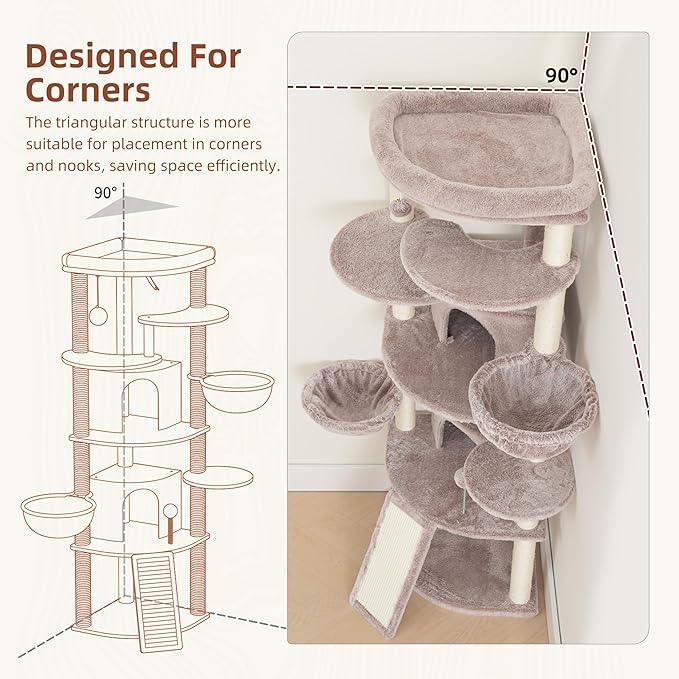 Corner Cat Tree for Indoor Cats, Cat Tower with All Sisal Scratching Posts, Multi-Level Cat Condo wth 2 Large Cat Caves, Big Top Perch, 2 Hanging Baskets, Sisal Ramp, Mushroom GCT035MU