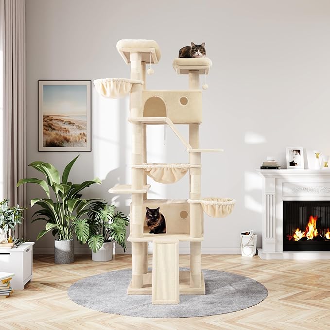 MUTICOR 81 inches Multi-Level Tall Cat Tree Tower for Indoor Kitties/Large Climbing Tree House for Big Feline/Condo/Sisal Scratching Posts/Plush Perches Platforms/Basket Hammock/Beige