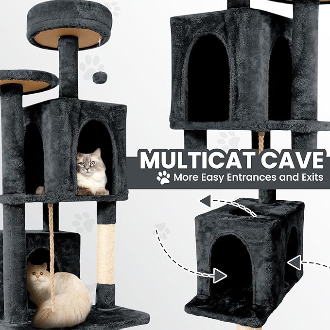 58.5inch Large Cat Tree Tower Condo for Indoor Cats, Soft Plush Multi-Level Climbing Tree Cat House with Cat Cave, Scratching Post, More Entrance/Exit, Sisal Rope, Deep Grey