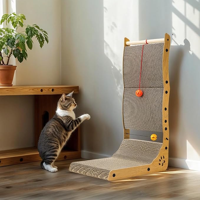 L Shape Cat Scratcher, 26.8" Vertical Cat Scratching Board with Ball Toy, Large Wall Mounted Curving Scratching Ramp, Tall Standing Cat Scratch Pad, Wall Furniture Protector for Indoor Cats
